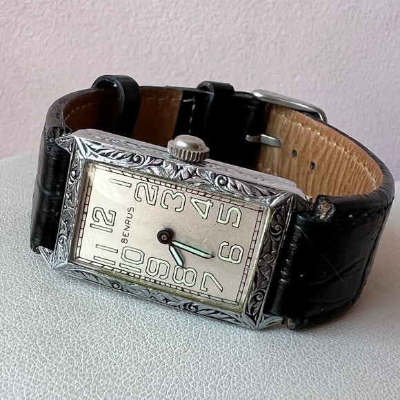 VINTAGE BENRUS ORNATE MECHANICAL TANK WATCH VASELINE GREEN FLUORESCENT UNISEX main image 11